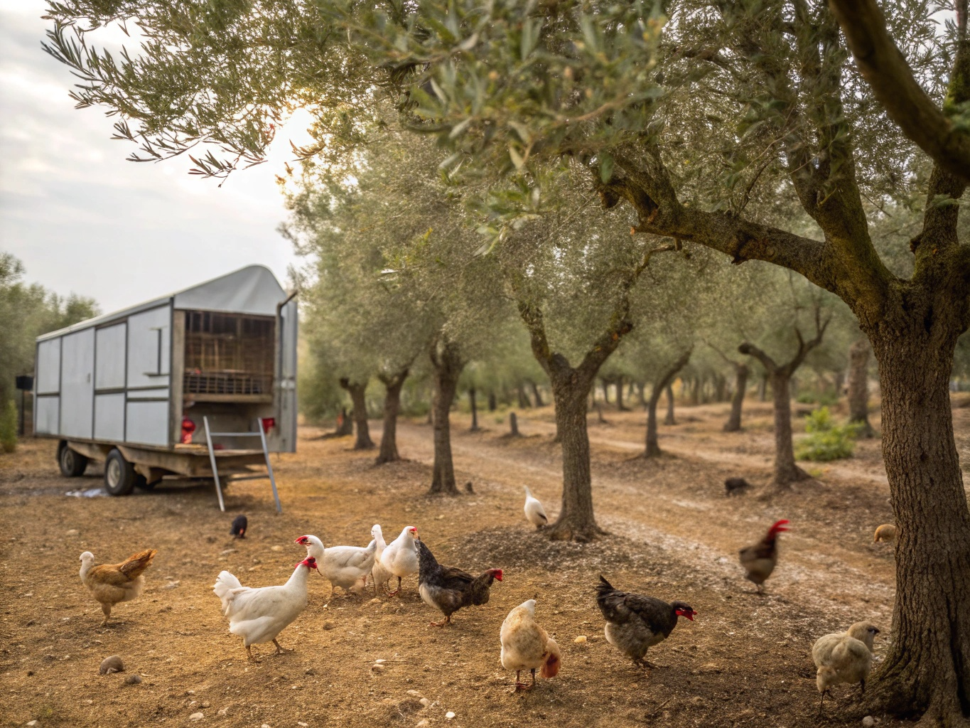 Høner i olivenlunden